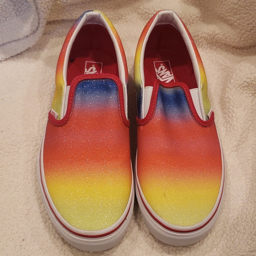 FINAL SALE Vans Sz W8.5 M7 K7 rainbow slip-ons